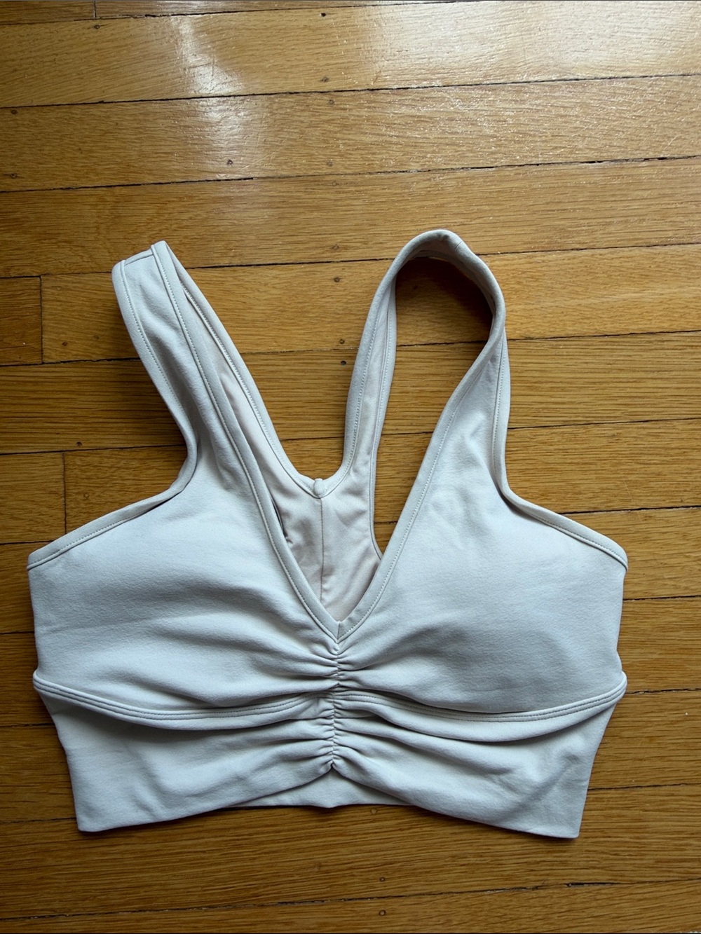 ALO Yoga Macademia Ruched V-Neck Bralette in Light Beige